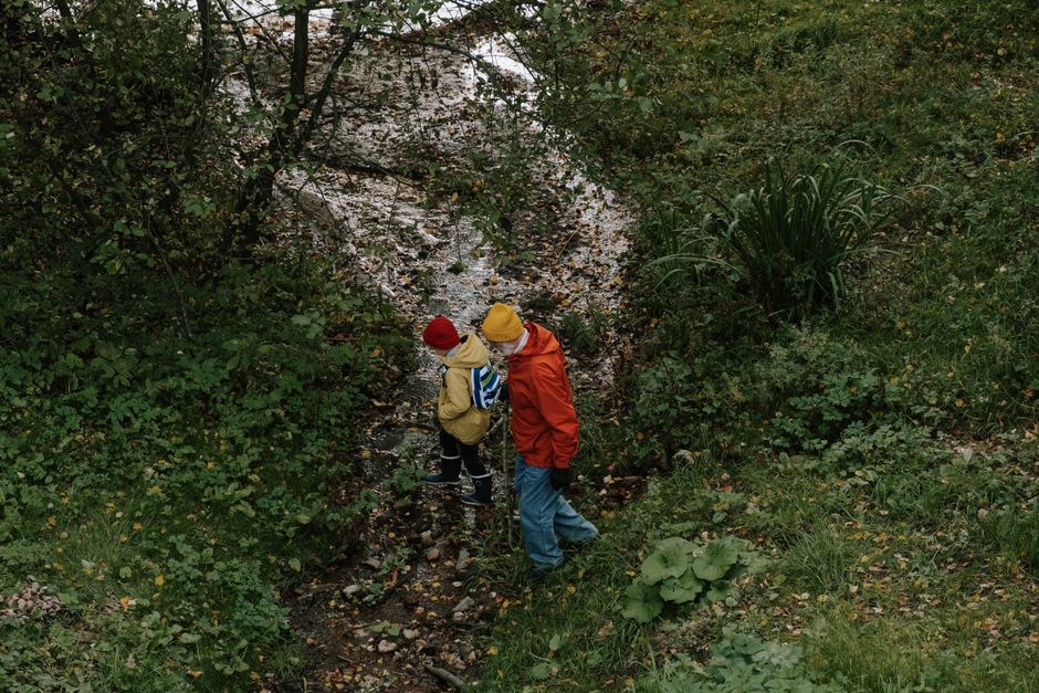 A man and a child in hats explore a forest stream, enjoying nature together.