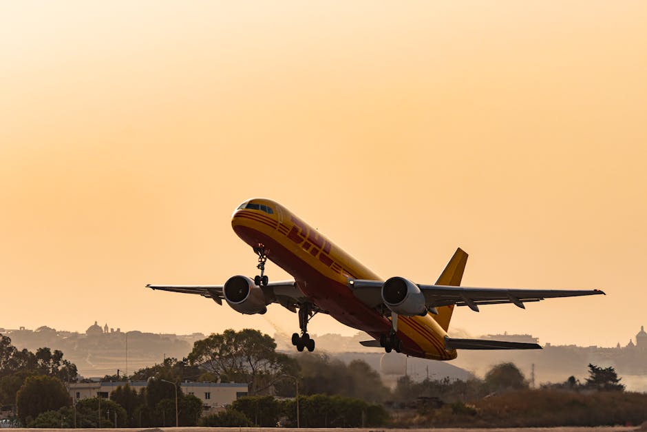 A DHL cargo plane takes off against a golden sunset sky, showcasing aviation in action.