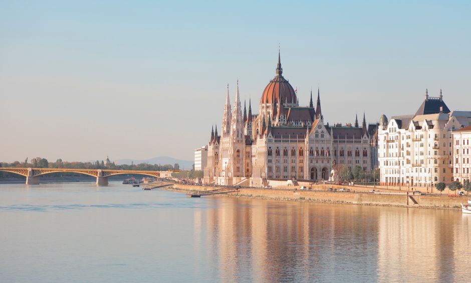 Scenic view of the Hungarian Parliament Building reflected in the Danube River.