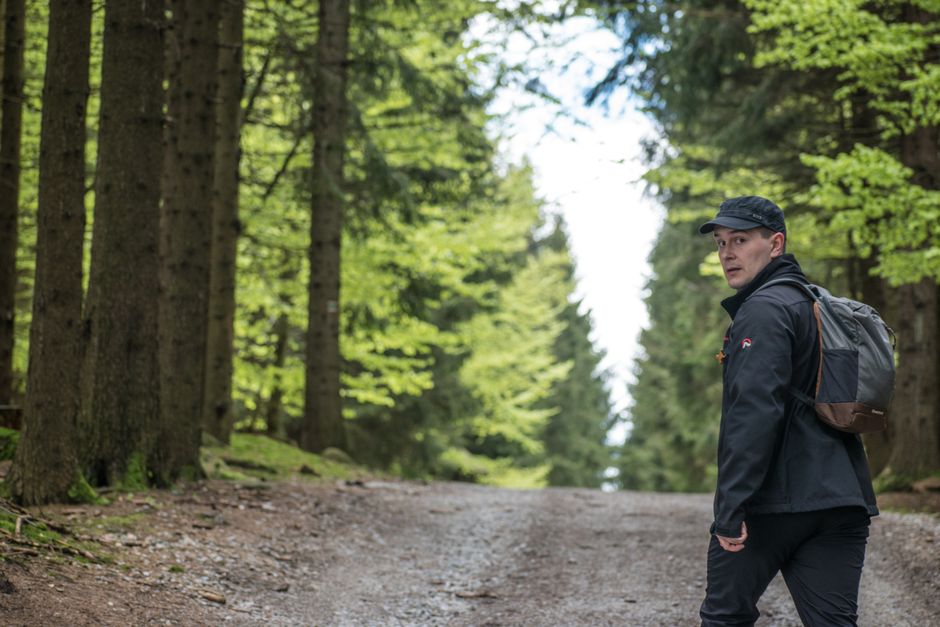 Outdoor adventure with a man walking a forest path, surrounded by lush green trees.