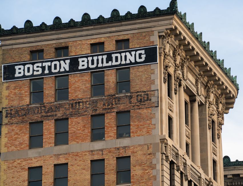 Close-up of the historic Boston Building facade in Salt Lake City, Utah.